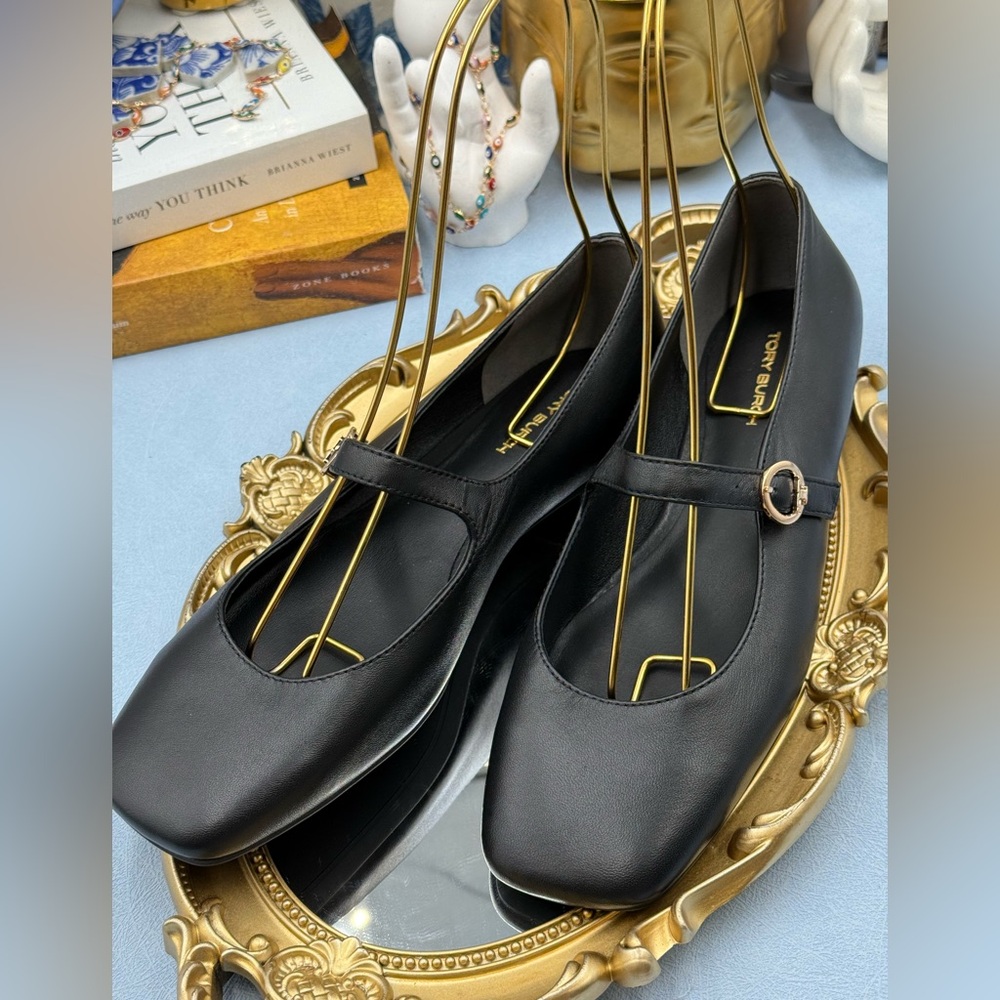 🆕 TORY BURCH 🧿 NWOB Selby Black Leather Square Toe Mary Jane Ballet Flats Sz 7 - Picture 9 of 14